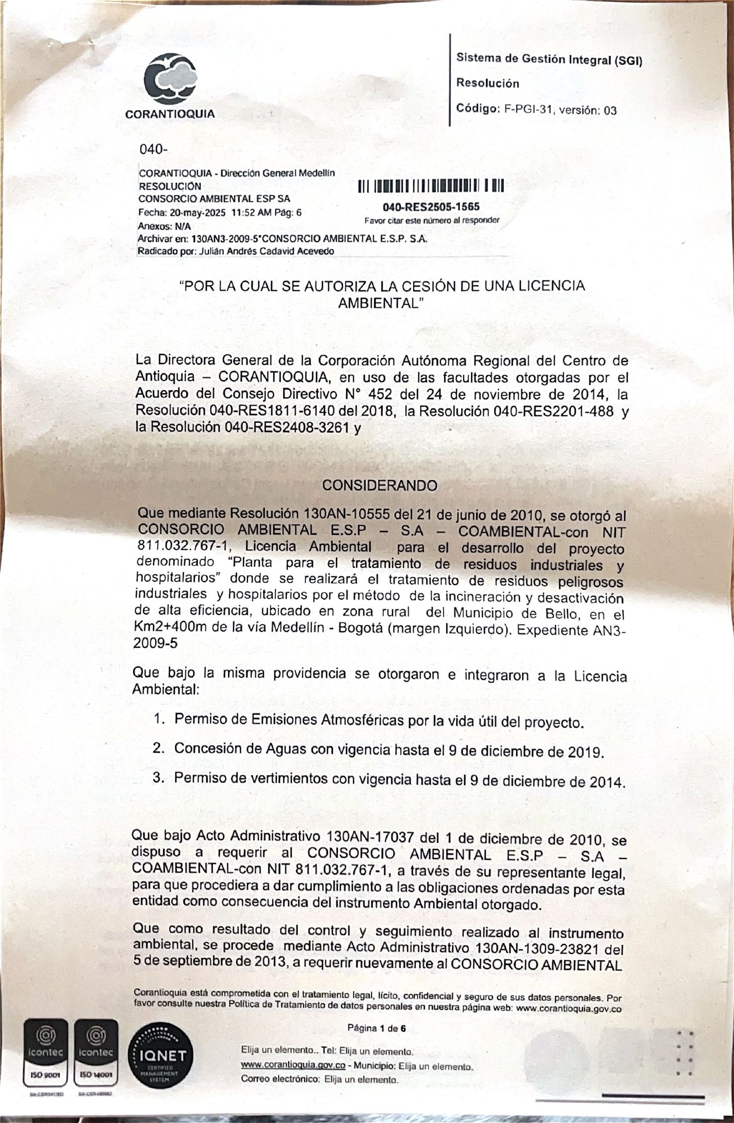Licencia Ambiental RPHS - página 1 de 6